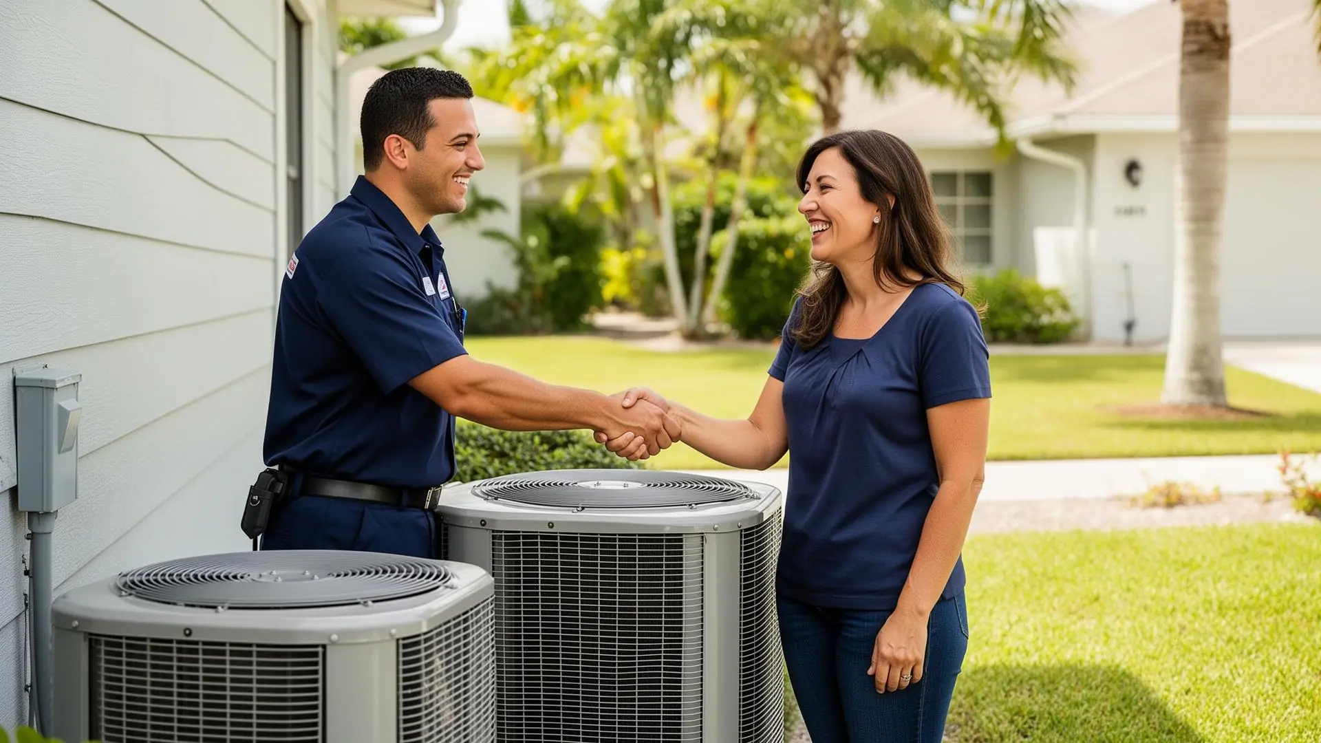 Brad's A/C technician greeting a happy homeowner in Zephyrhills, FL